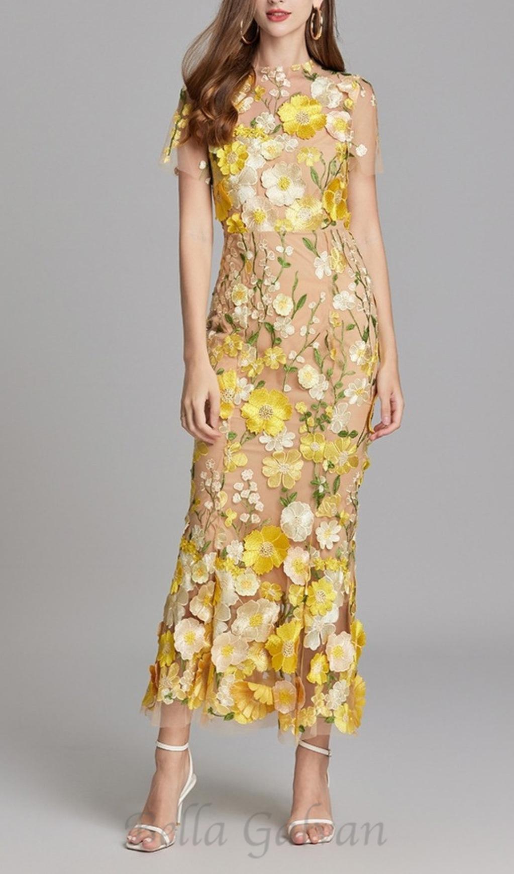 Flowering Girl Women FLORAL EMBROIDERY MESH FISHTAIL MIDI DRESS IN YELLOW