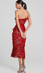 Flowering Girl Women FLORAL EMBROIDERED MIDI DRESS IN RED