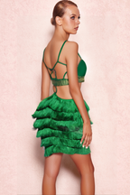 Flowering Girl Women Green Rhinestone Cutout Fringe Dress