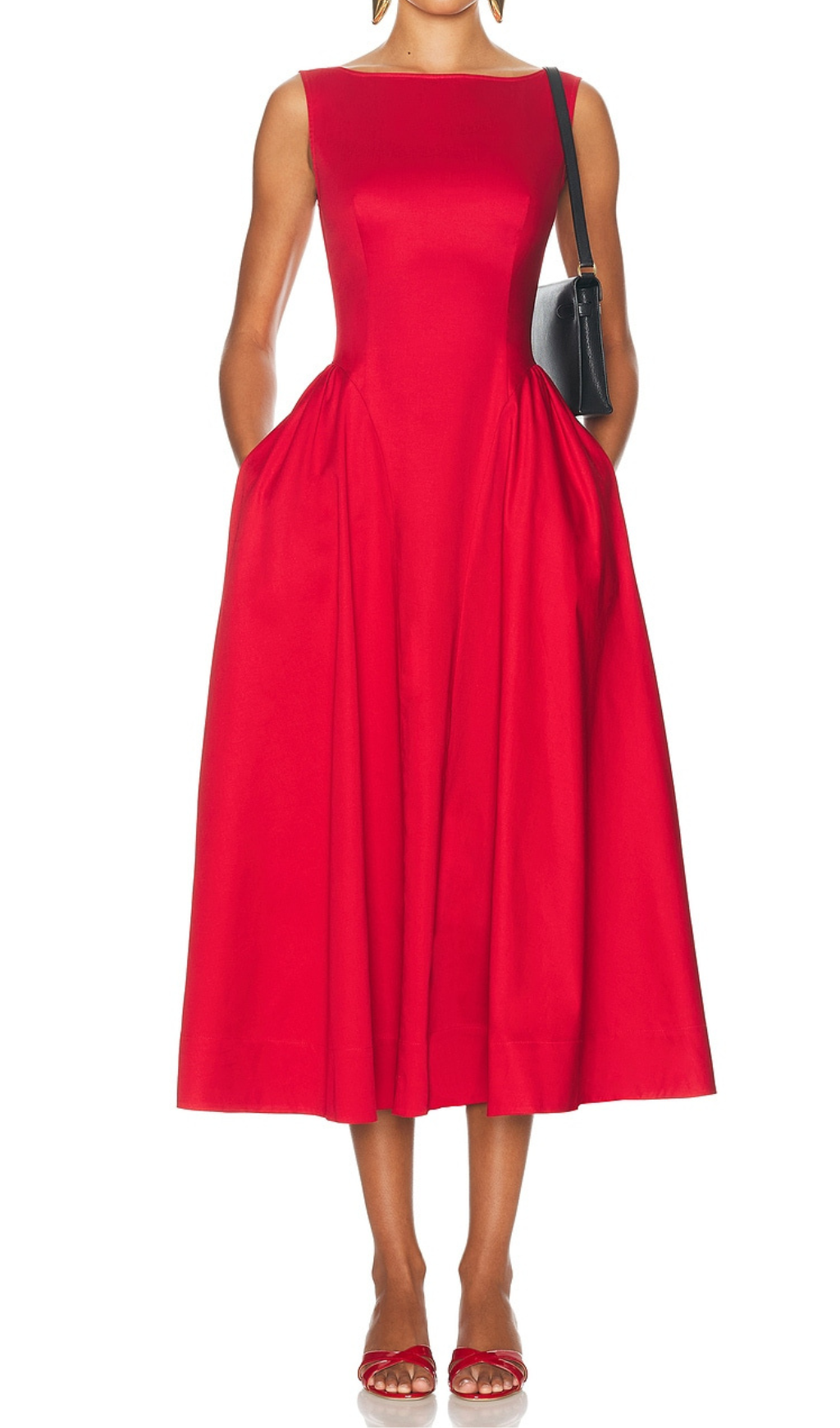 Flowering Girl Women Stretch Cotton Sateen Midi Dress in red