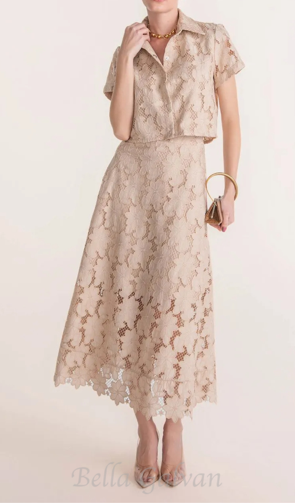 Flowering Girl Women guipure mesh midi skirt cropped set in apricot
