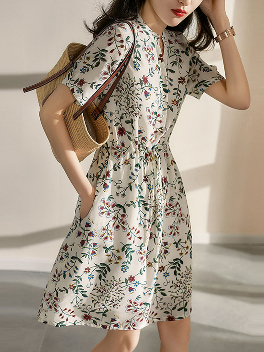 sabrina V-Neck Printed Drawstring Chiffon Dress