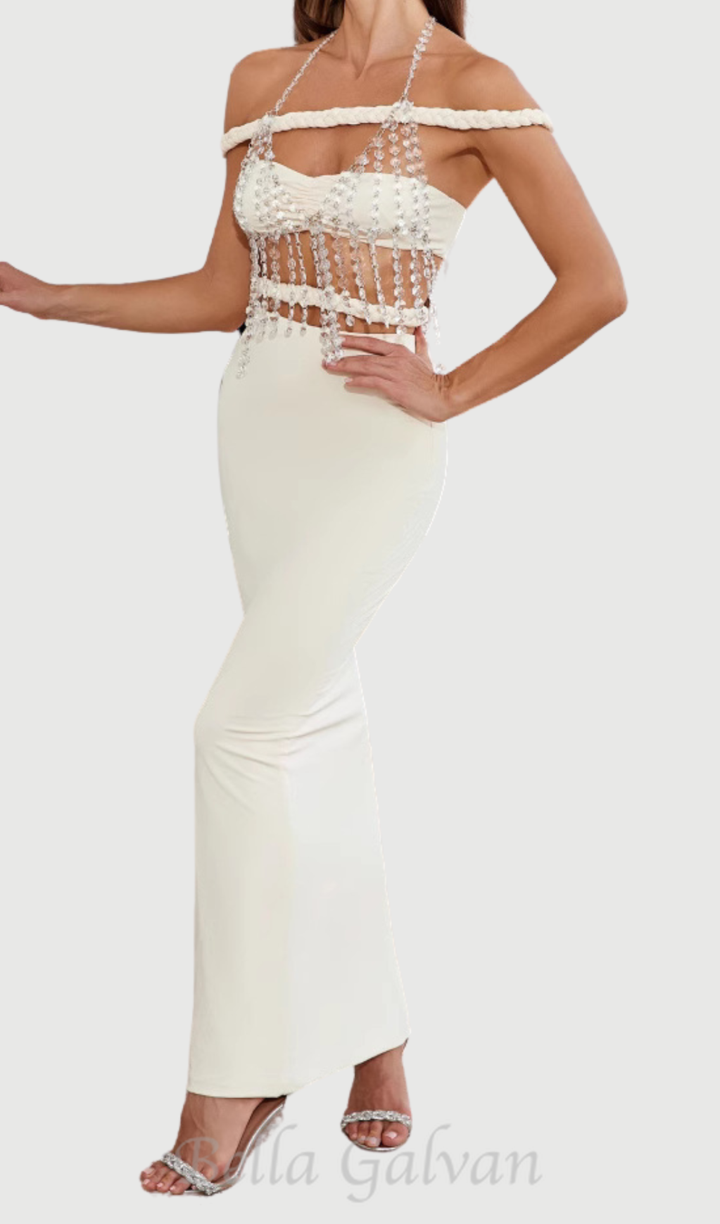 Flowering Girl Women crystal chain embellished fishtail skirt set in apricot