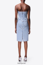 flower corsage strapless midi dress in light wash blue
