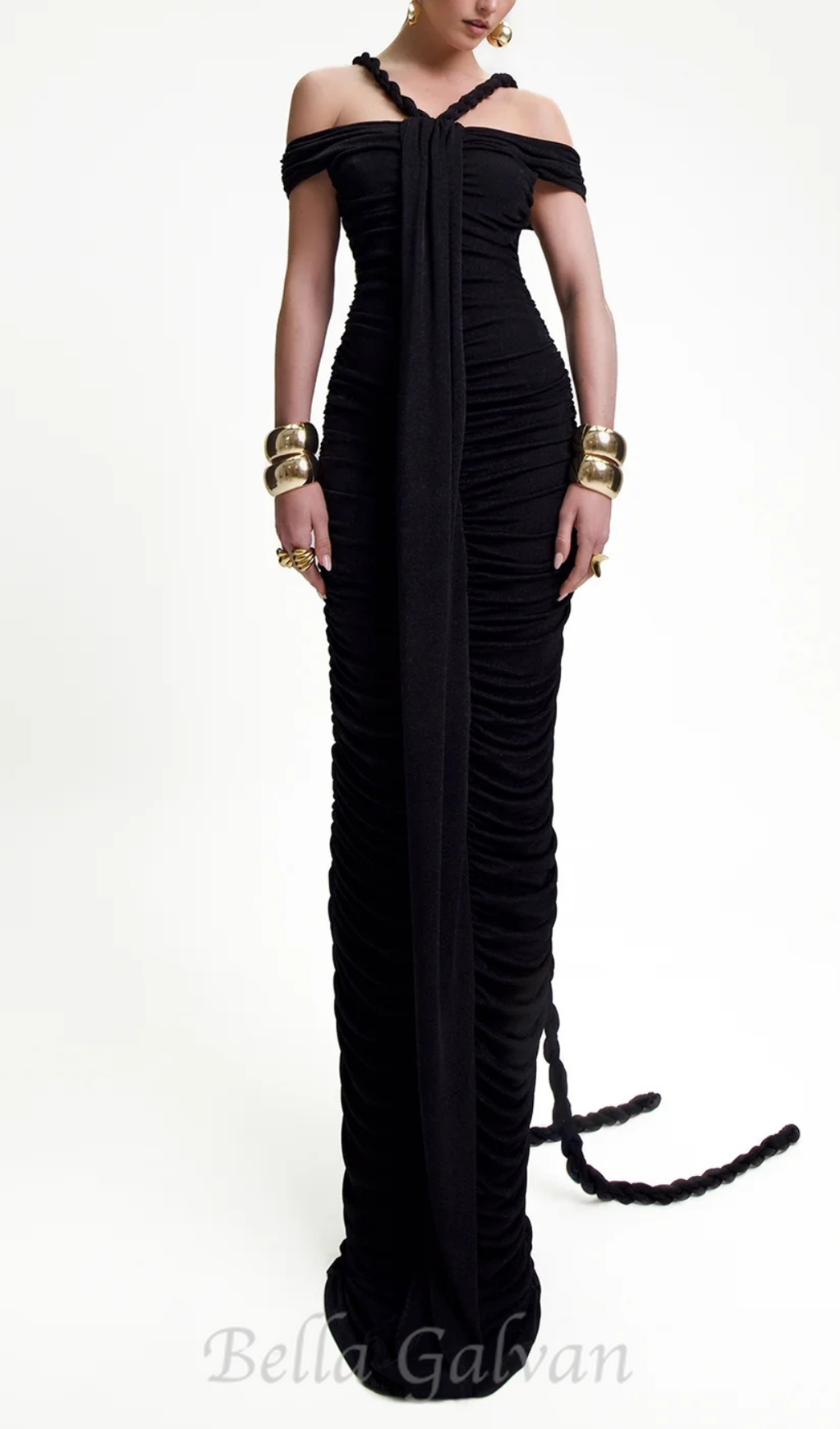 Flowering Girl Women cara black off-shoulder ruched bodycon maxi dress with rope embellished