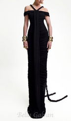 Flowering Girl Women cara black off-shoulder ruched bodycon maxi dress with rope embellished