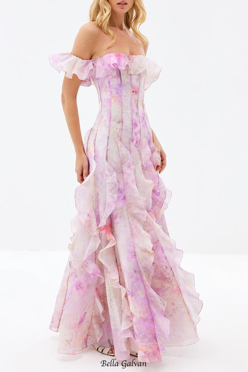 helen Floral Frill Off-Shoulder Maxi Dress in pink
