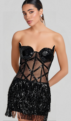 Flowering Girl Women BLACK MESH SEQUINS BEADING CORSET MINI DRESS