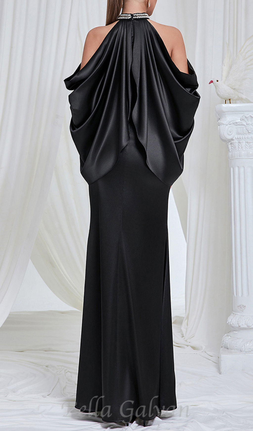Flowering Girl Women off-shoulder crystal halter maxi dress in black