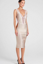 Flowering Girl Women METALLIC BANDAGE MIDI DRESS IN APRICOT