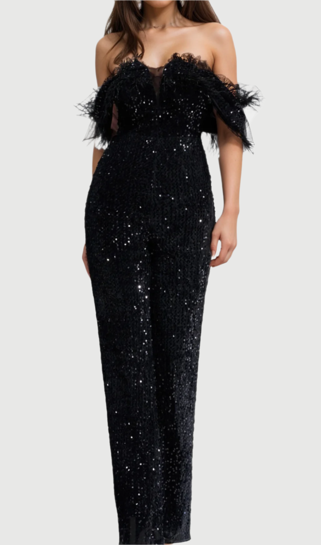 Flowering Girl Women off-shoulder sequin jumpsuit in black