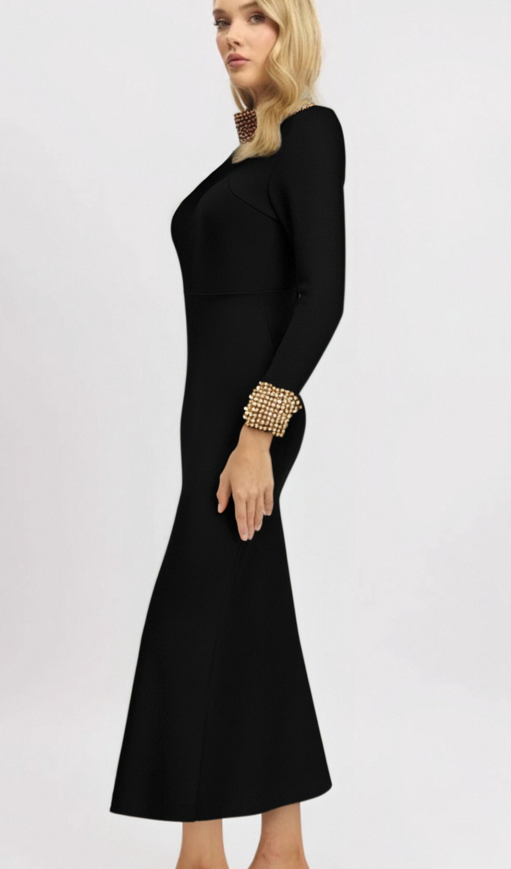 Flowering Girl Women YVONNE LONG SLEEVE GOLD BEAD BANDAGE MIDI DRESS IN BLACK