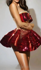 Flowering Girl Women Crystal Metallic Skirt Set In Red