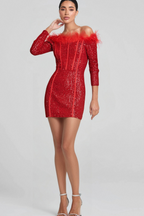 Flowering Girl Women Red Long Sleeve Feathers Sequin Dress