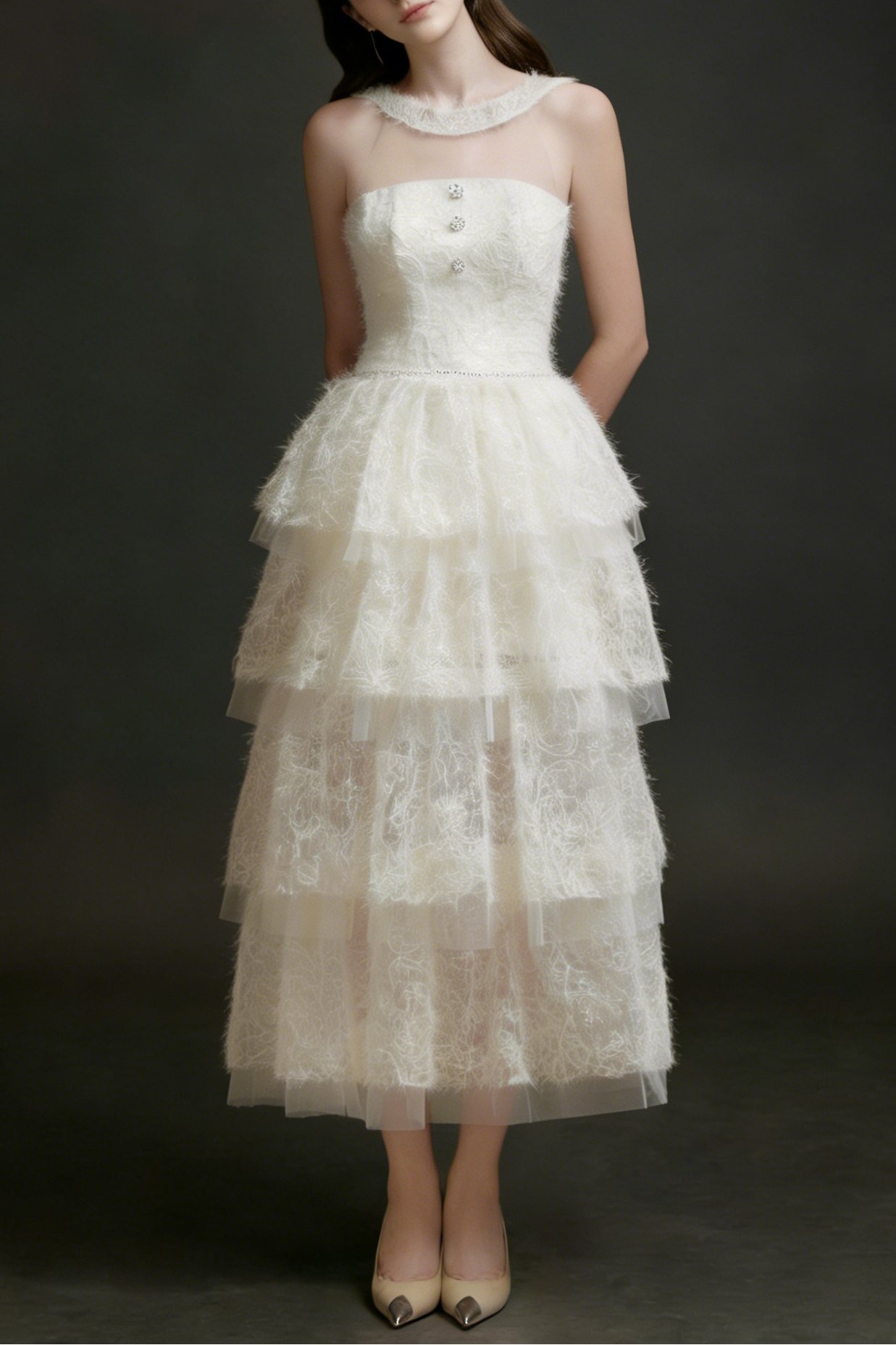 Flowering Girl Women Alison Mesh Stitching Layer Dress In White