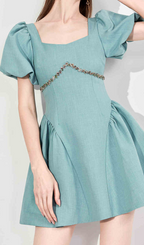Flowering Girl Women Puff Sleeves Waist-Tightening Mini Dress In Green