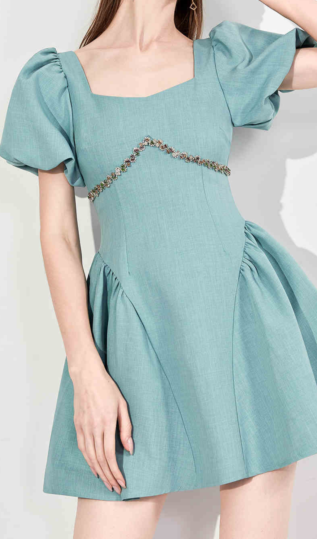 Flowering Girl Women Puff Sleeves Waist-Tightening Mini Dress In Green