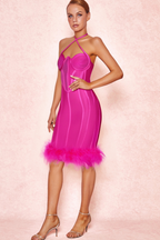 Flowering Girl Women ROSE RED OSTRICH FEATHER HALTER NECK BACKLESS TIGHT DRESS