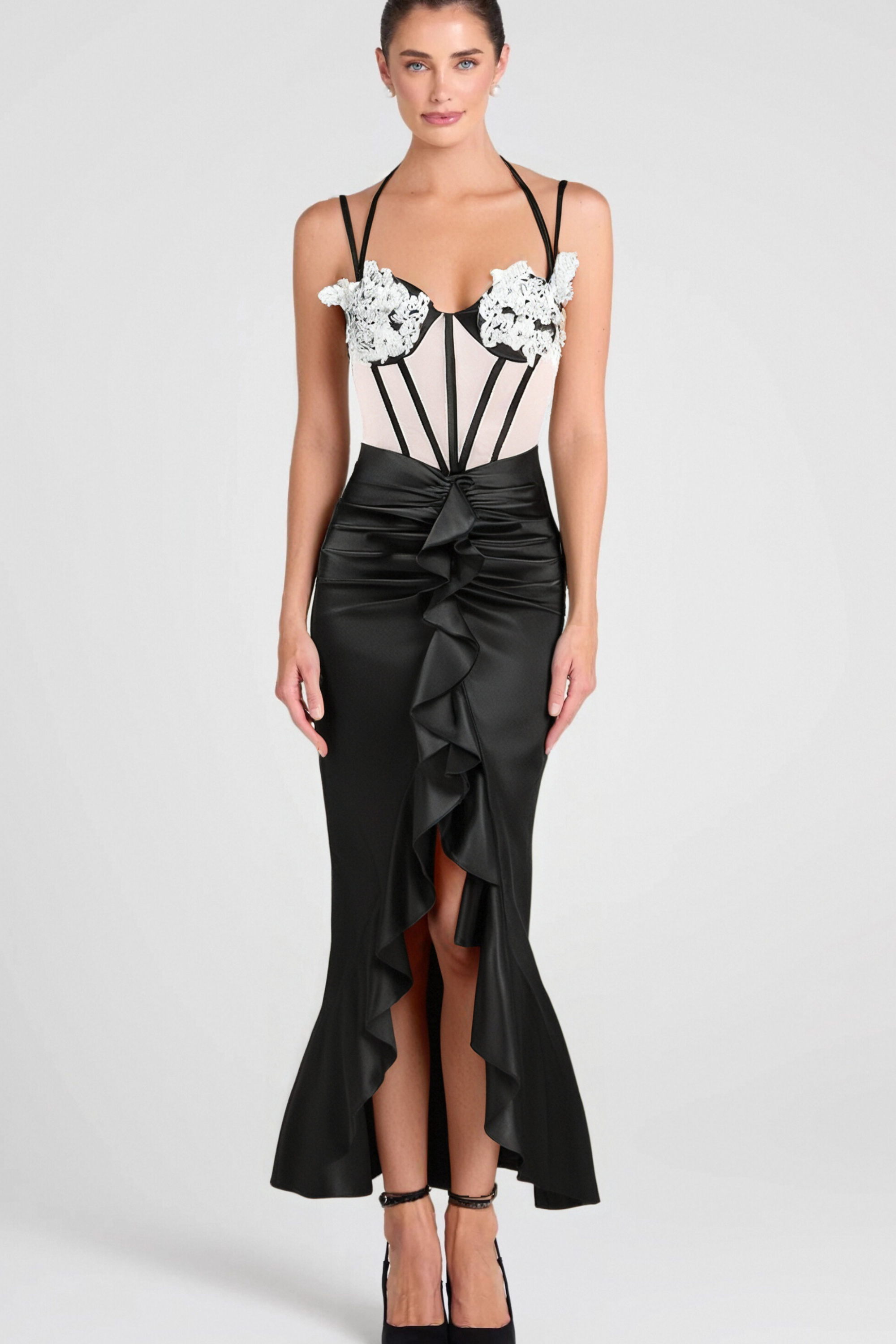 Flowering Girl Women Beulah Black Satin Corset Sequin Wing Cup Dress