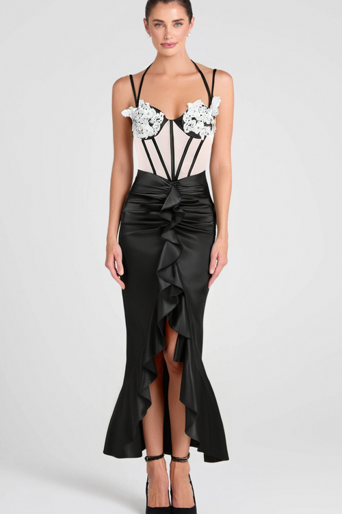 Flowering Girl Women Beulah Black Satin Corset Sequin Wing Cup Dress