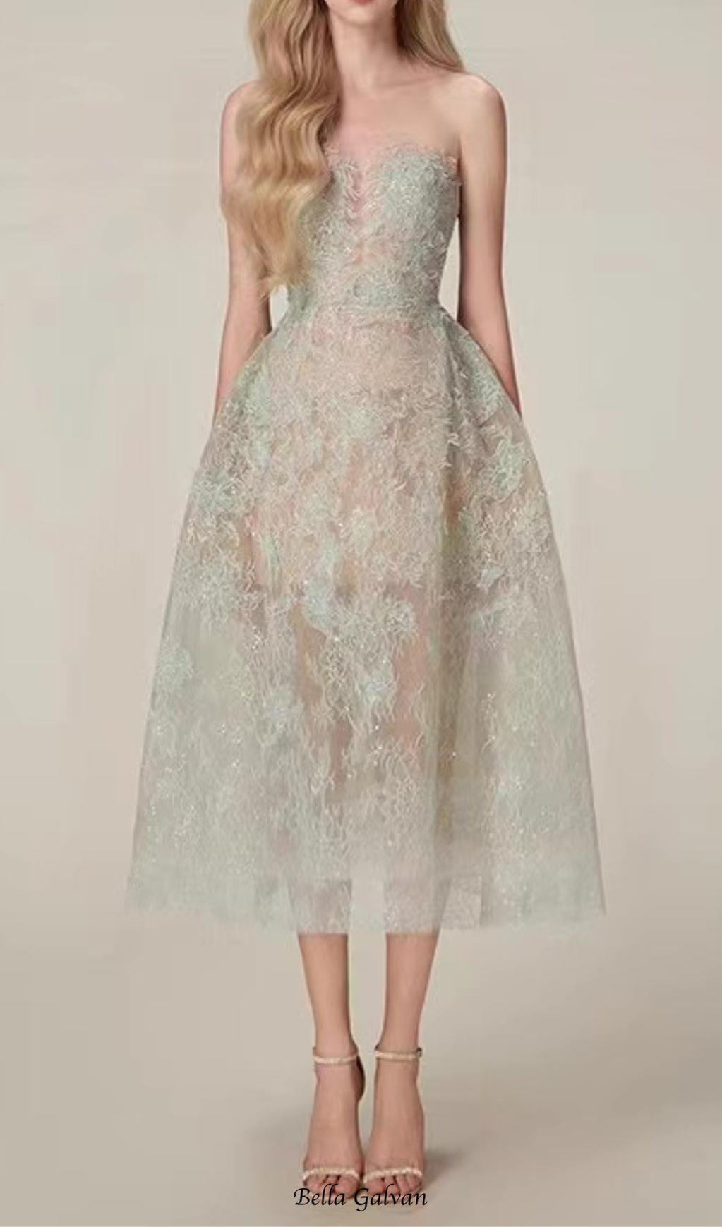 Flowering Girl Women GREEN FLORAL LACE EMBROIDER MIDI DRESS