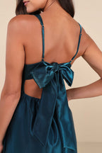 Flowering Girl Women Aura Shiny Dark Teal Taffeta Maxi Dress With Pockets