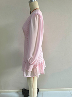 Lantern sleeve deep V-neck hollowed-out mini dress - pink