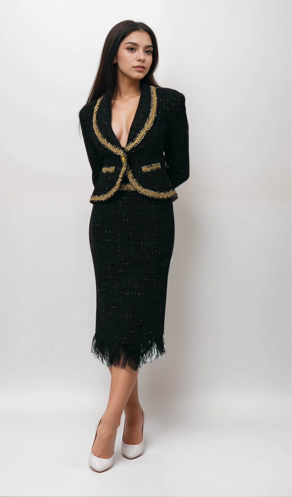 Flowering Girl Women Black Tweed Blazer and Skirt Set with Gold Trim and Feather Detailing