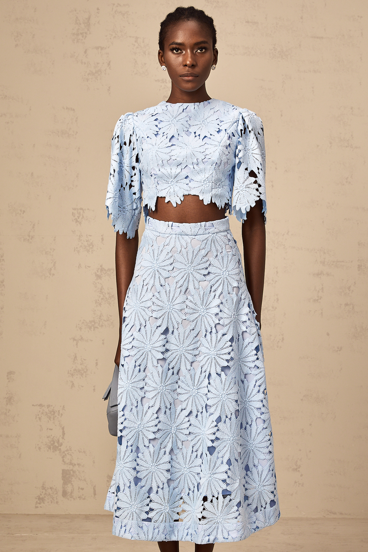 penny Openwork floral lace blouse maxi skirt set - blue