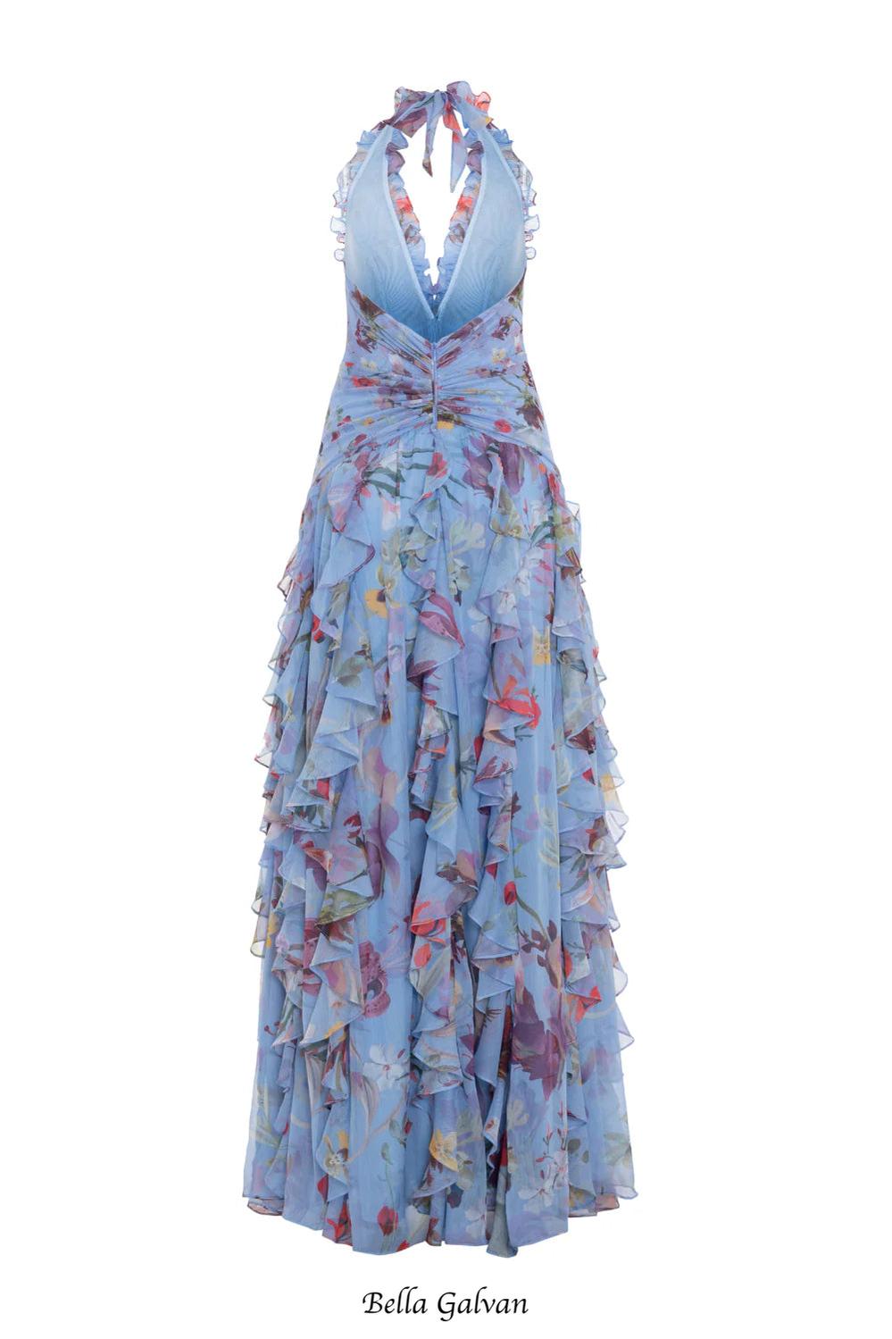 Floral Halter Ruffle Tulle Maxi Dress in Blue