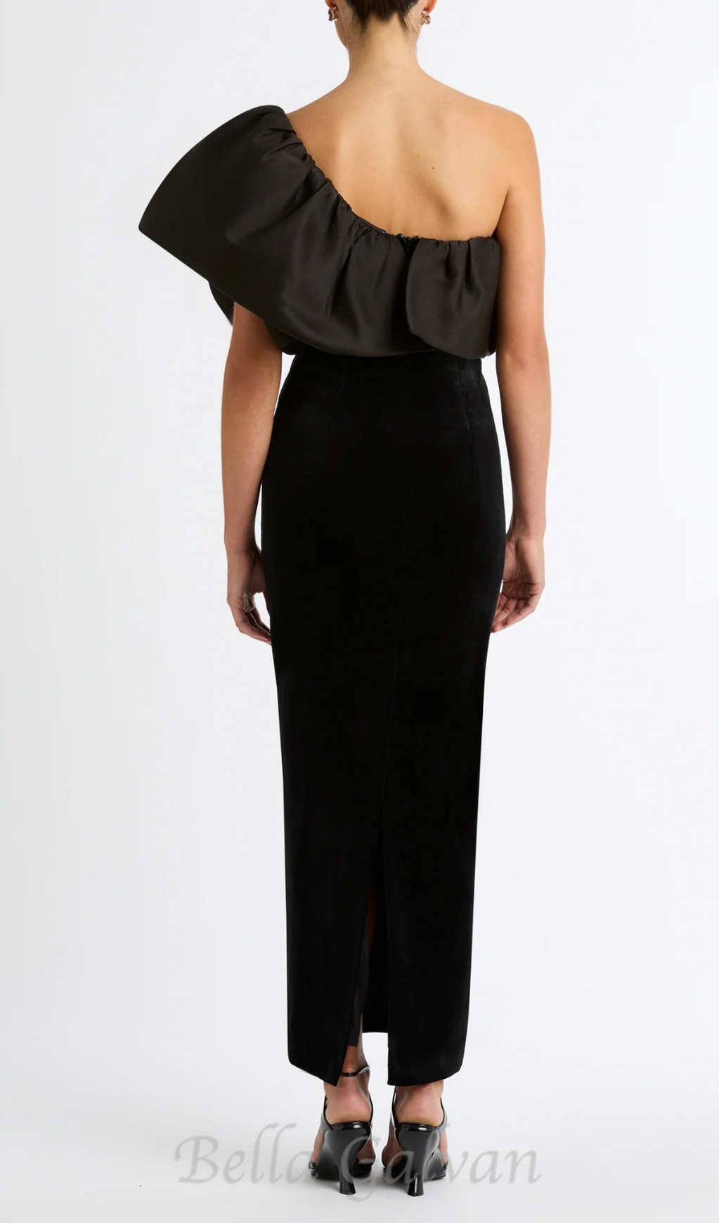 Flowering Girl Women One Shoulder Puff Sleeve maxi Dress in black