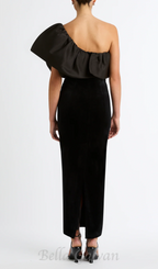 Flowering Girl Women One Shoulder Puff Sleeve maxi Dress in black