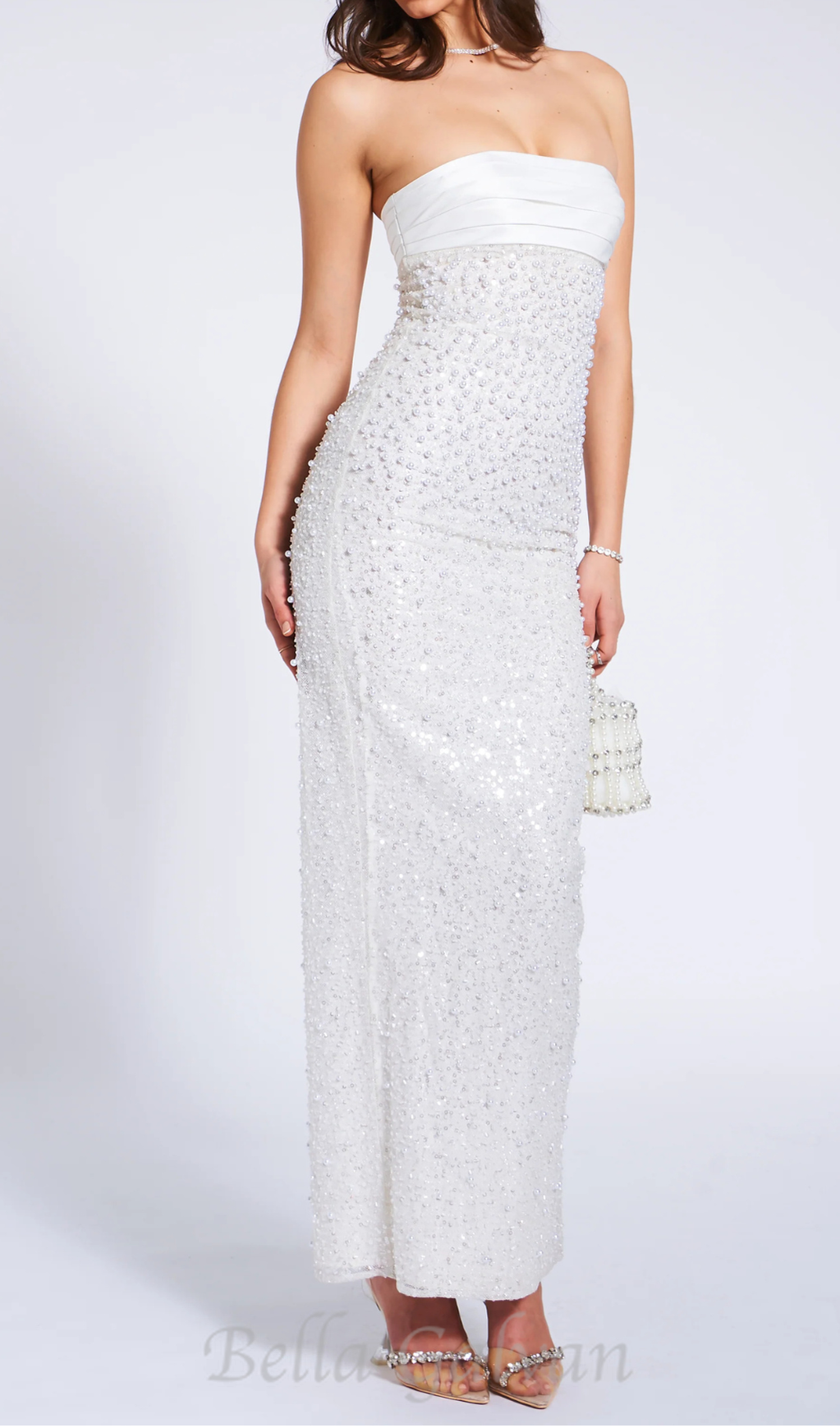 Flowering Girl Women WHITE SATIN SEQUIN PEARLS BEADED MAXI DRESS