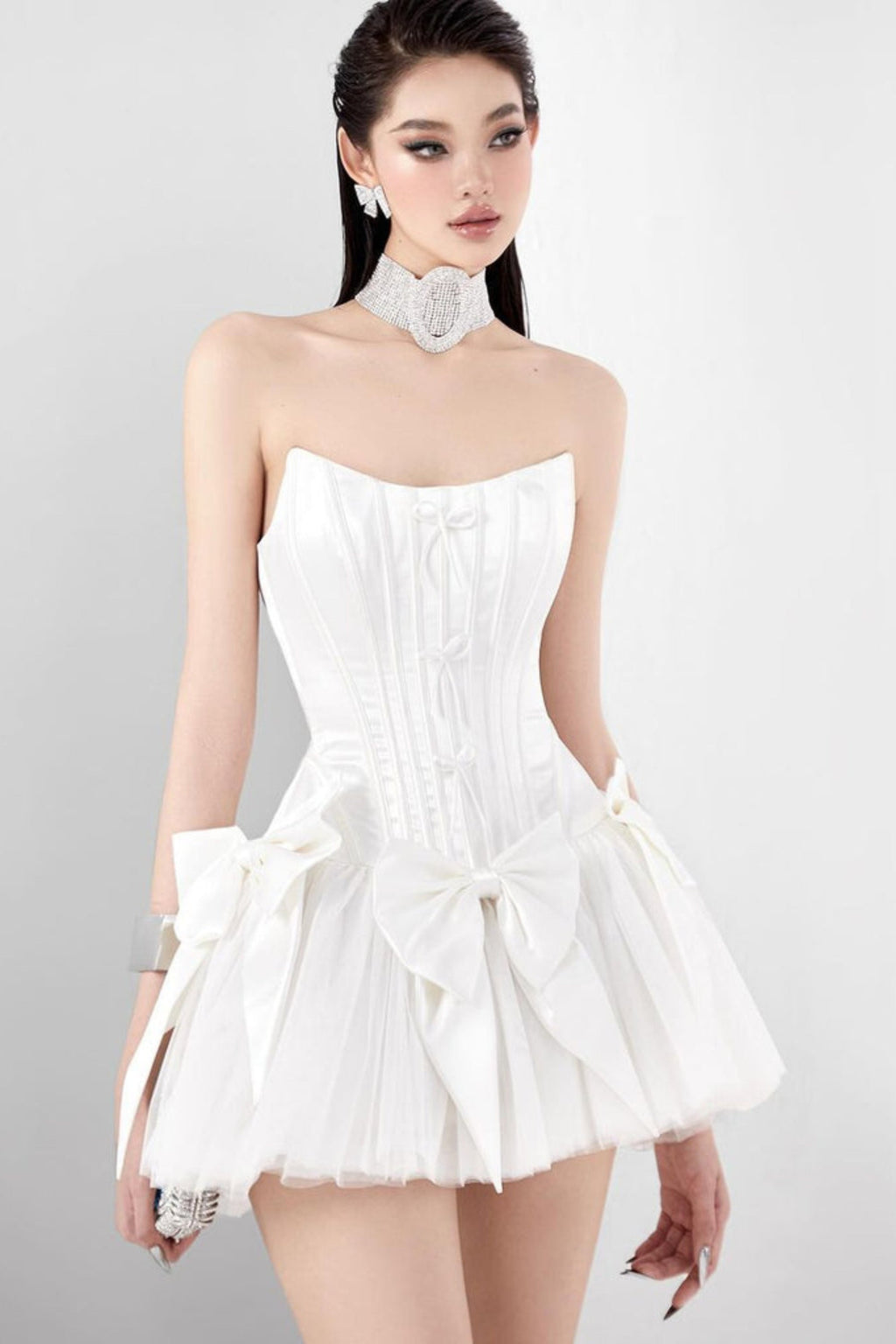 Flowering Girl Women Elsie Bowknot Mesh Strapless Mini Dress In White
