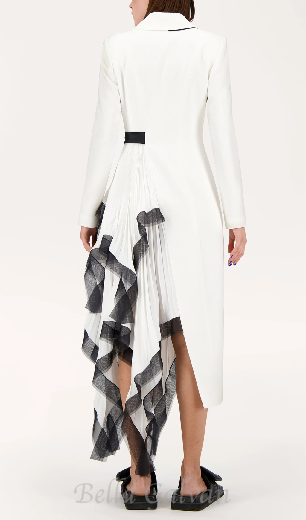 Flowering Girl Women Asymmetric pleated ruffle trim blazer dress in white