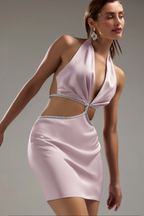 Flowering Girl Women Cross Over Cut Out Satin Mini Dress In Pink