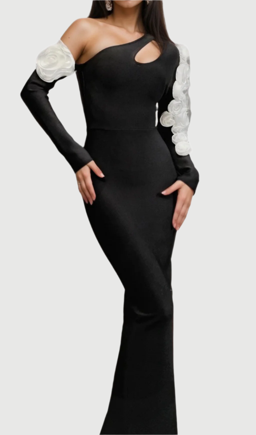 Flowering Girl Women One Shoulder flower embellished Cutout Bandage Maxi Dress in black