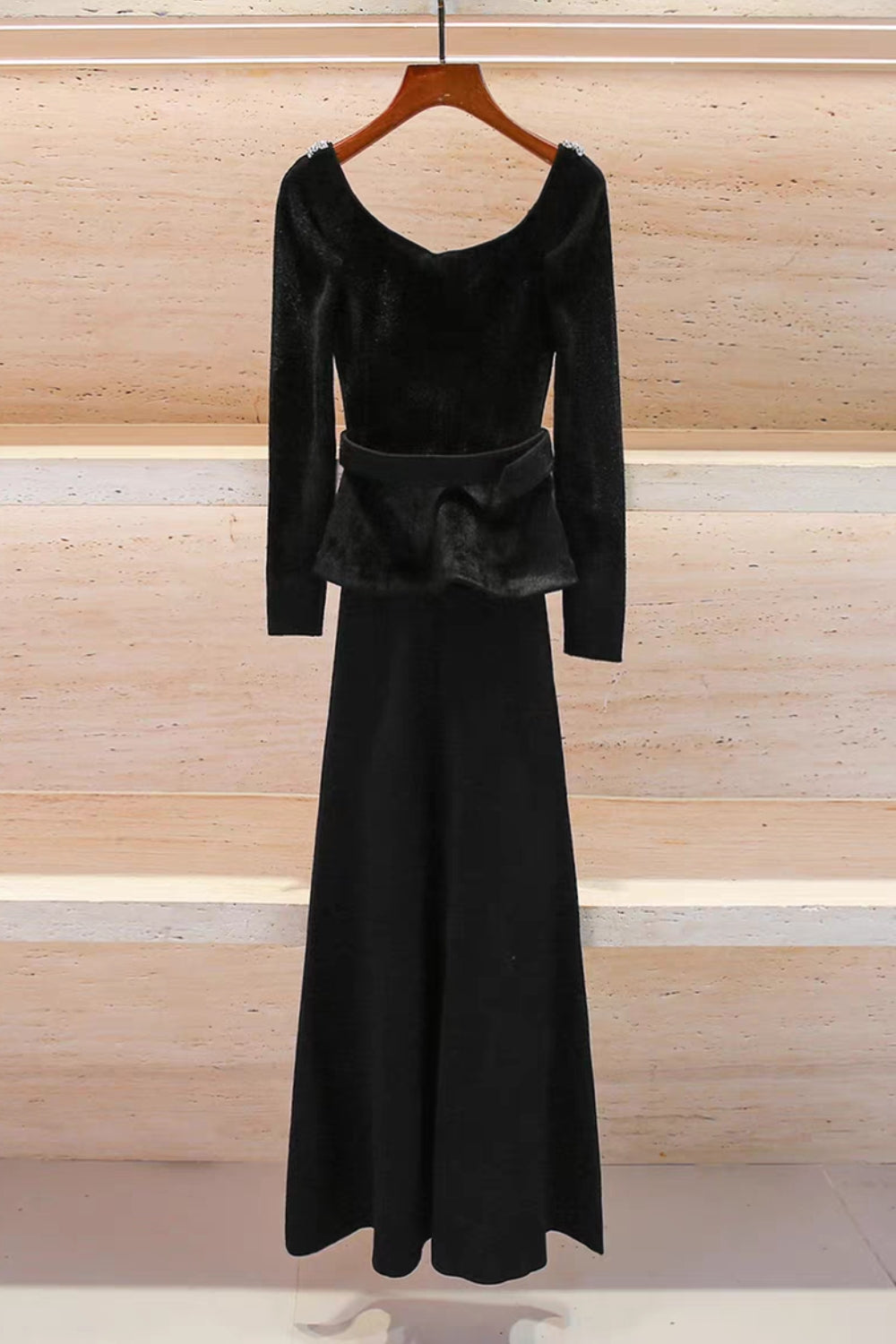 xaviera Black Chenille Knit Crystal Trim Midi Dress