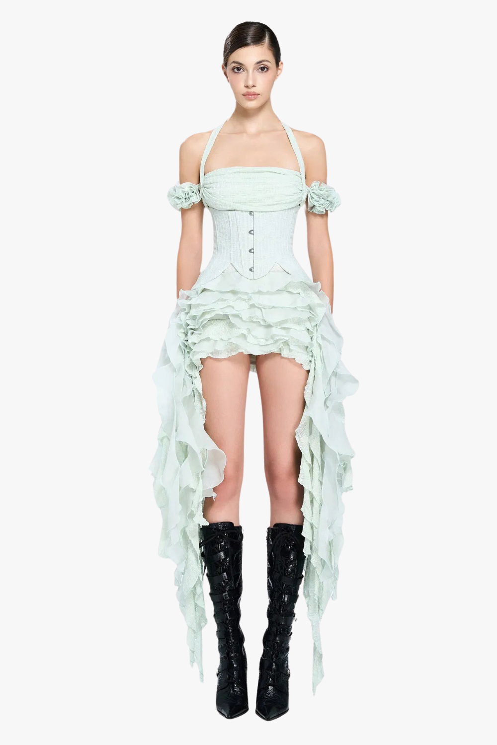 Flowering Girl Women elva halter three-dimensional flower irregular tassel mini dress in mint