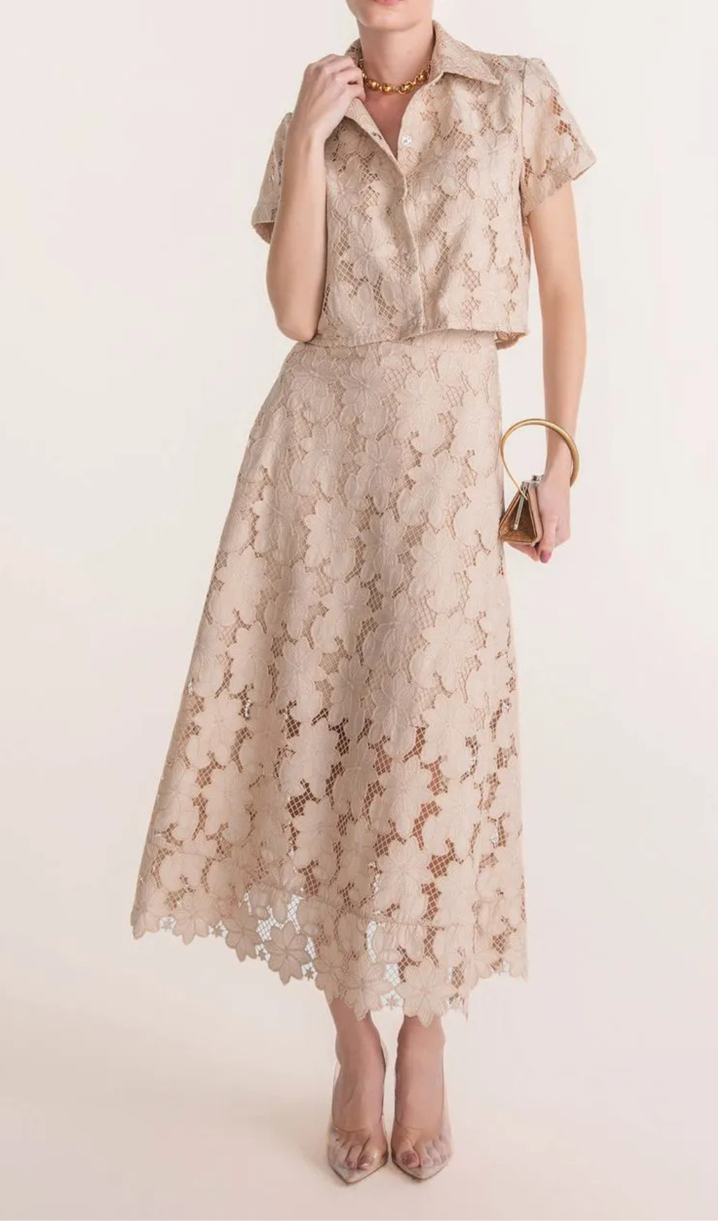 Flowering Girl Women Guipure Mesh Midi Skirt Cropped Set In Apricot