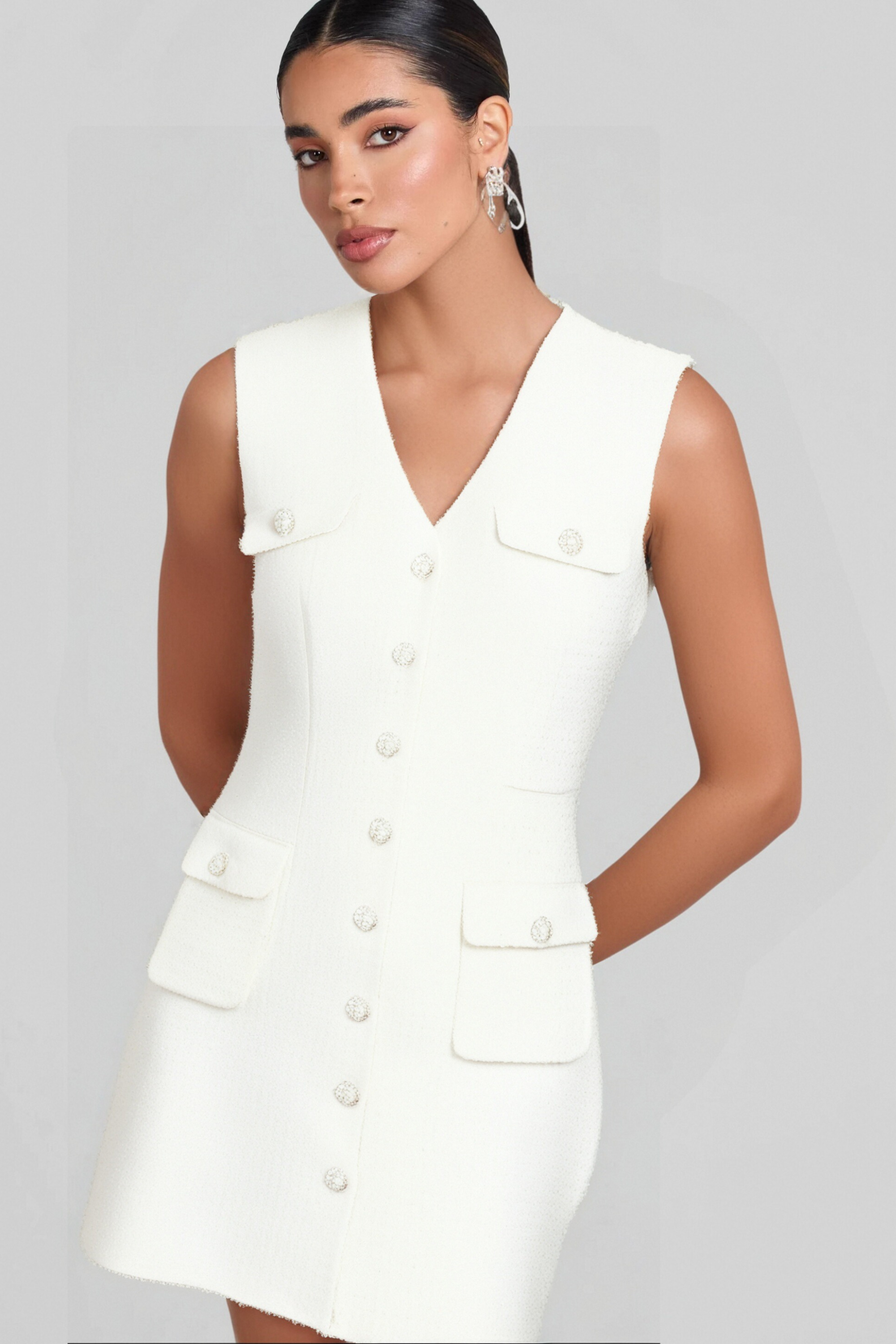 Bouclé Pearl-Buttons Knitted Mini Dress In White