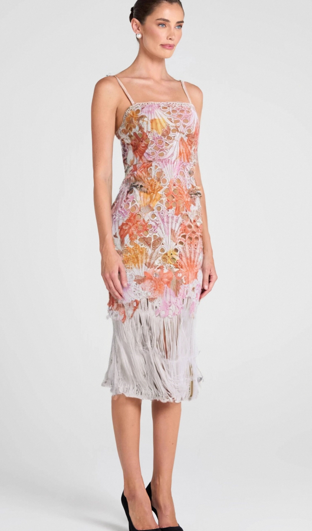 MULTICOLOR EMBROIDERED HOLLOW FRINGE MIDI DRESS