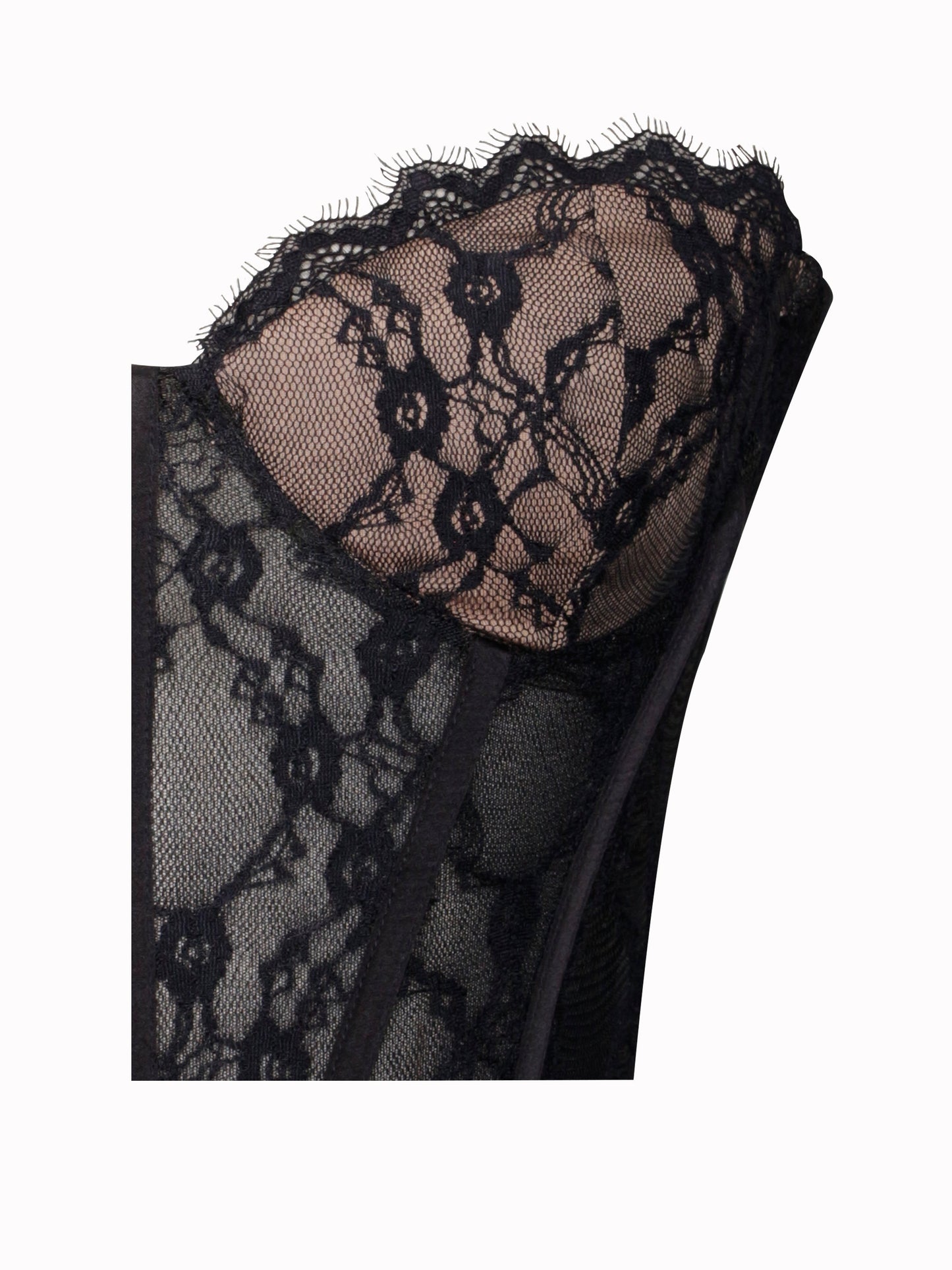 zenobia Black Lace strapless Corset Maxi Dress