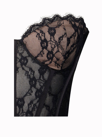 zenobia Black Lace strapless Corset Maxi Dress