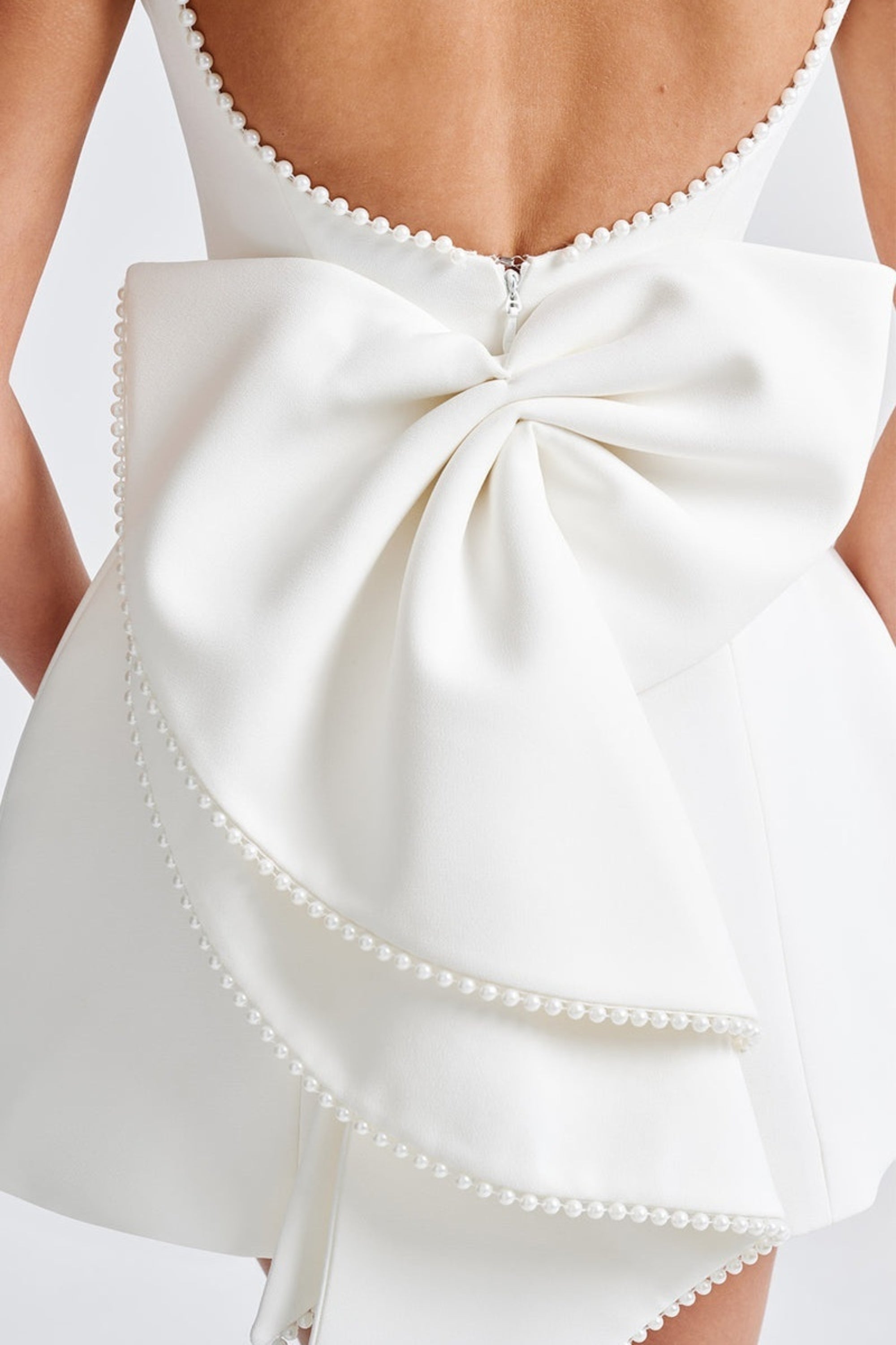 Flowering Girl Women Trista Bowknot Pearl Backless Mini Dress In White