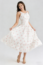 Hedy Elastic Printed Tie-Waist Midi Dress——Pink