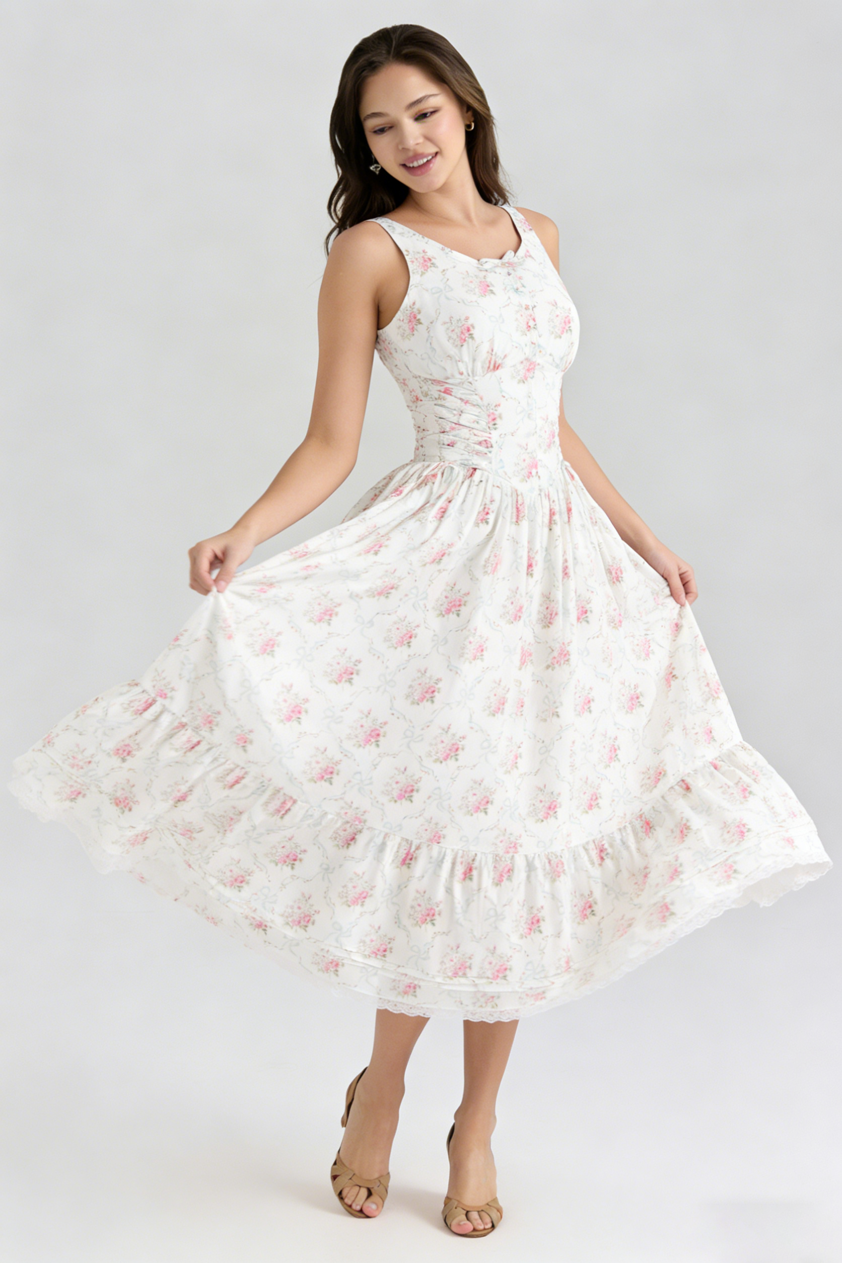 Hedy Elastic Printed Tie-Waist Midi Dress——Pink