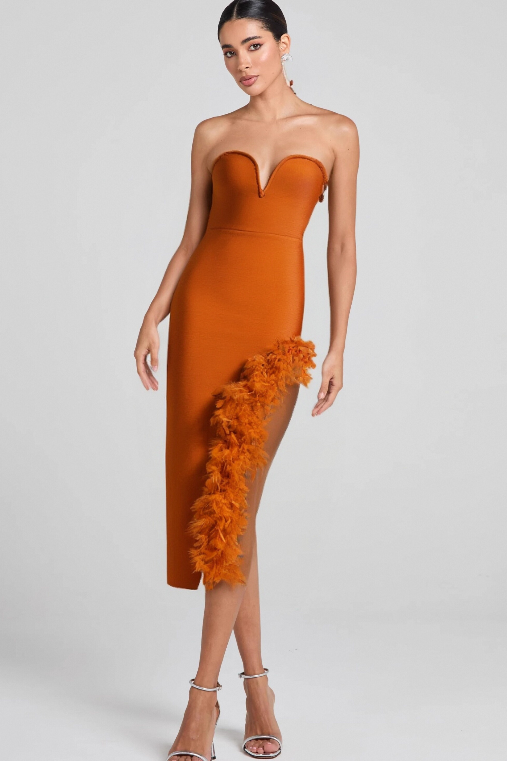 Flowering Girl Women Ostrich Feather Bandage Dress With V-Neckline In Brown