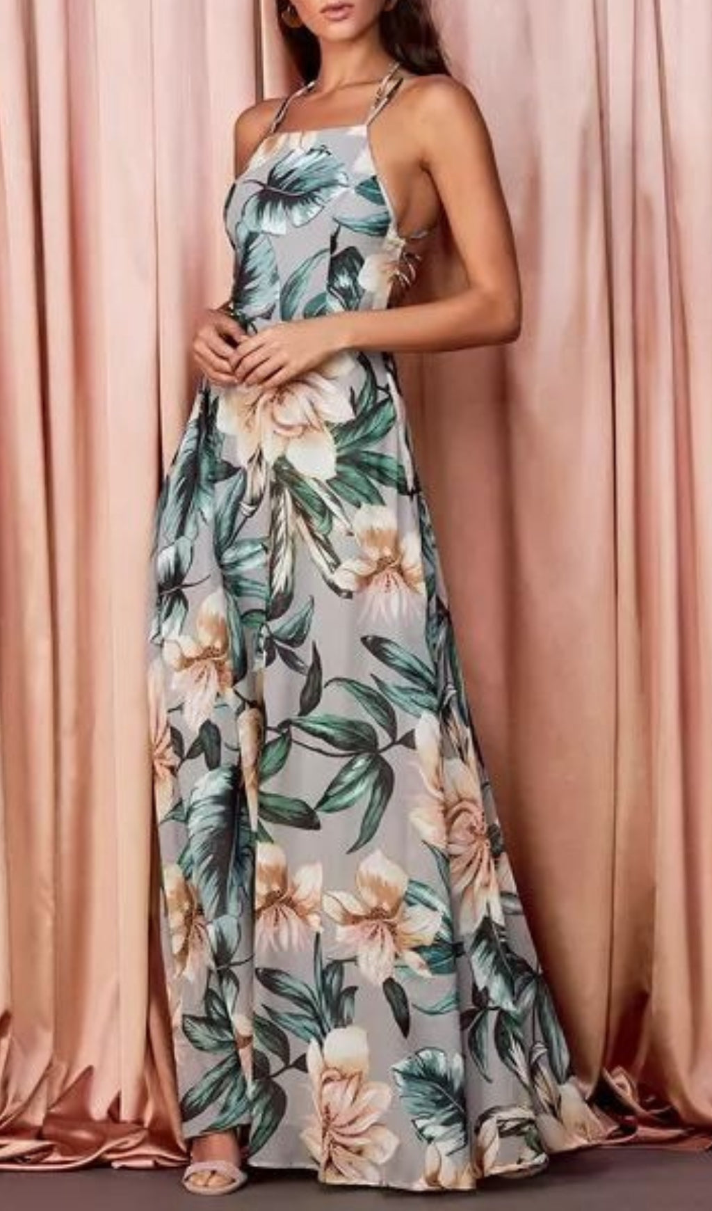 Flowering Girl Women Grey Floral Print Lace-Up Maxi Dress