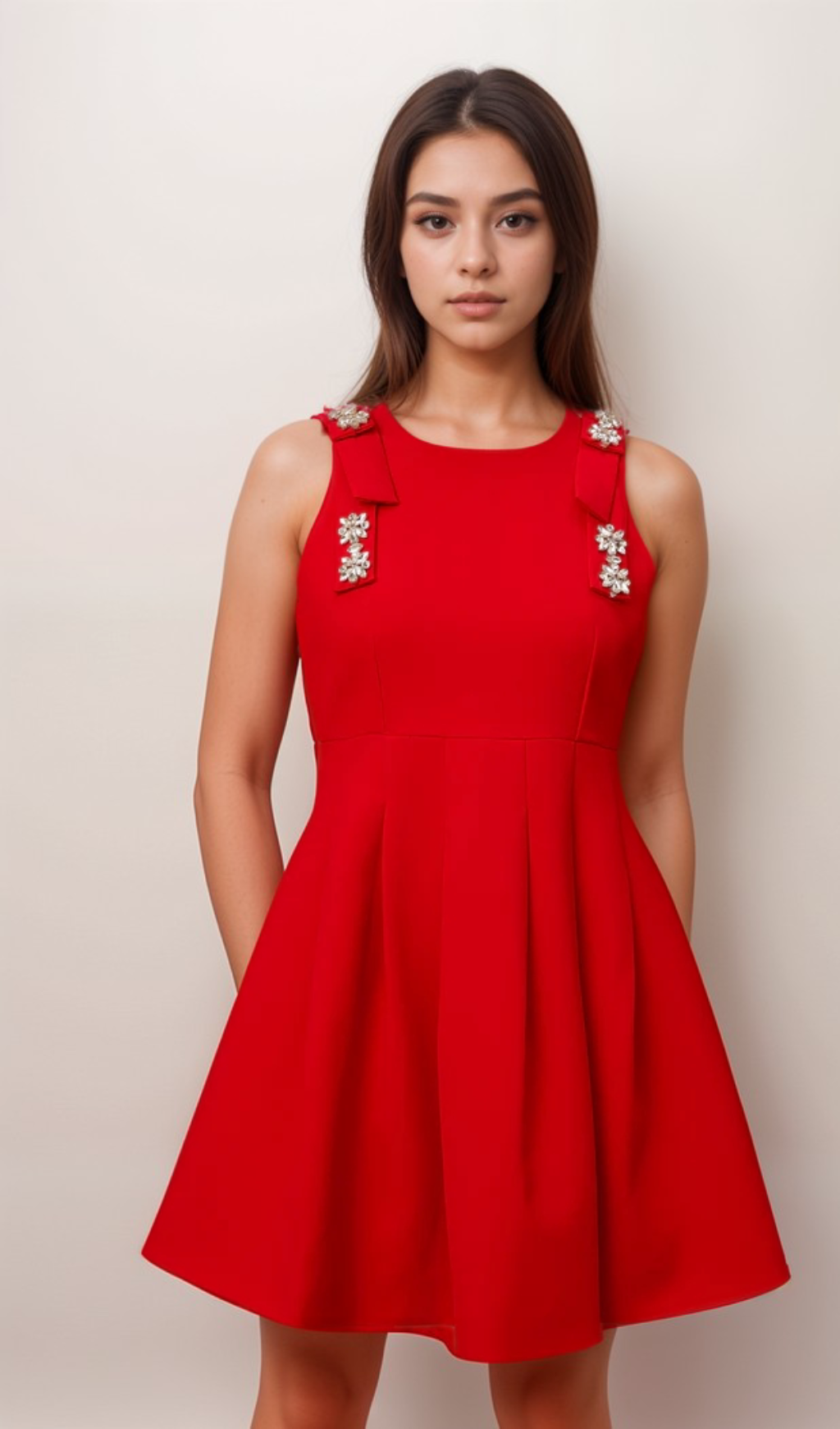 Flowering Girl Women Louisa red bow sleeveless pleated mini dress